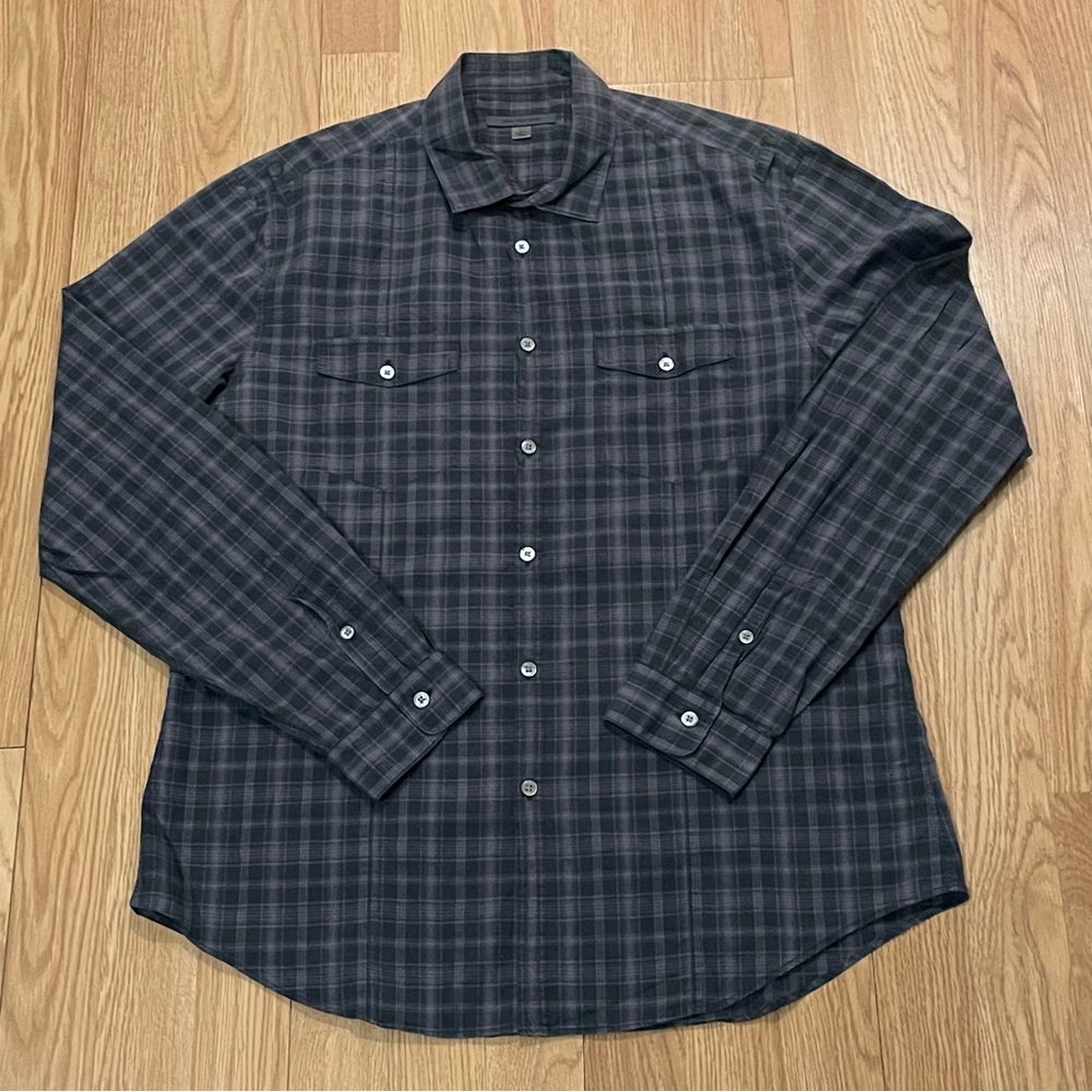 John Varvatos Mens Large Long Sleeve Button Down Shirt Dark Purple Plaid Pockets